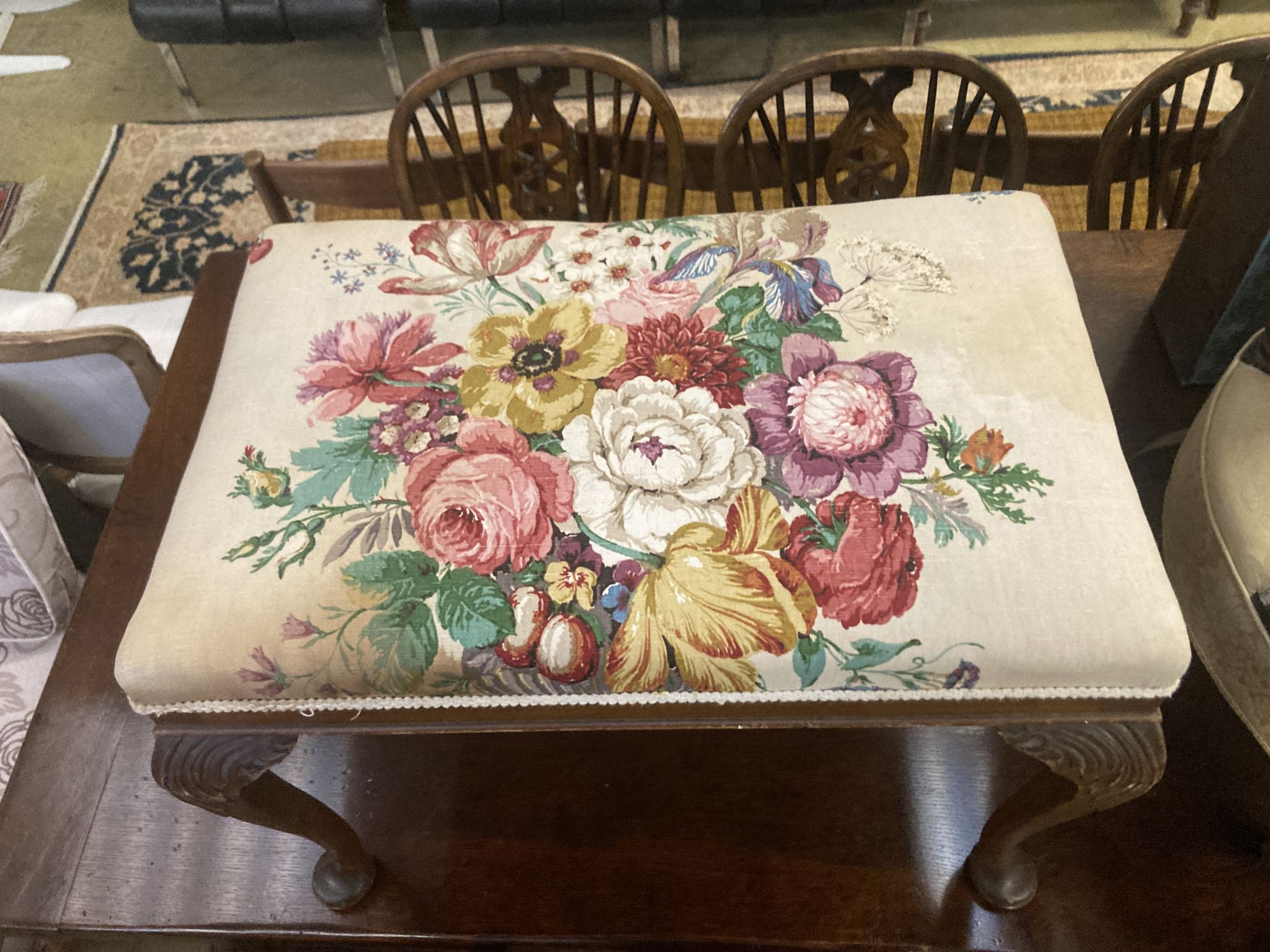 A late Victorian upholstered tub framed elbow chair, together a Queen Anne style dressing stool